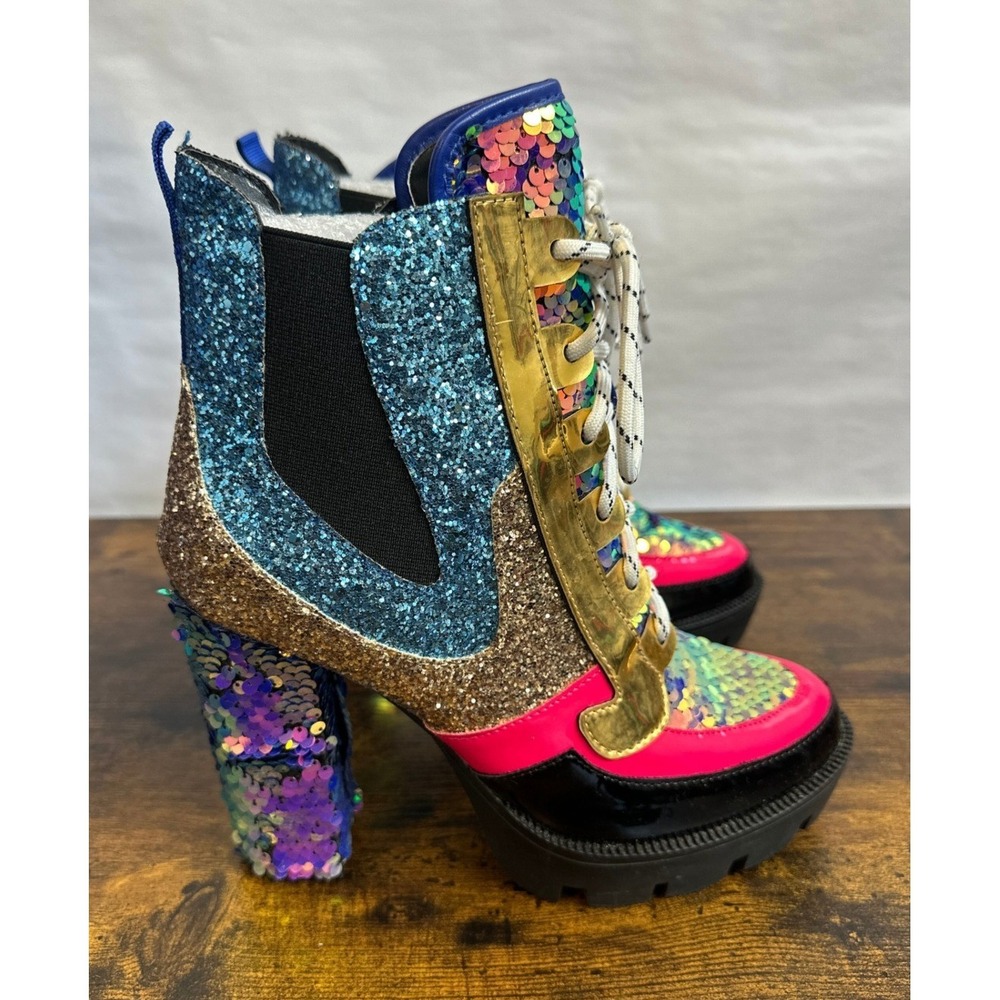Cape Robbin Nell Glitter Chunky High Heel Platform Lace Up Boot Mermaid Womens 9 - Picture 3 of 16